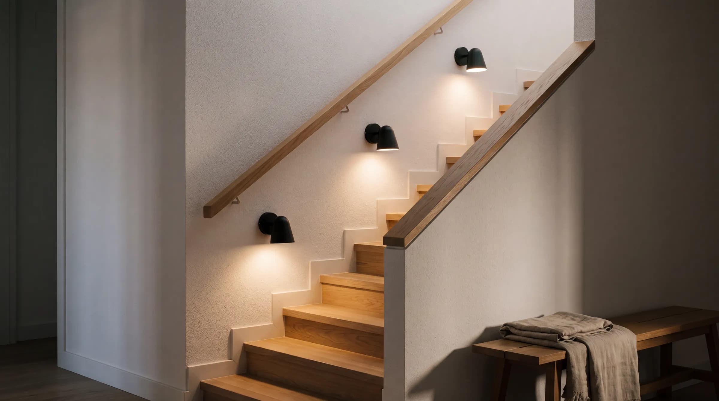 escalera interior iluminada con apliques de pared siguiendo la pendiente