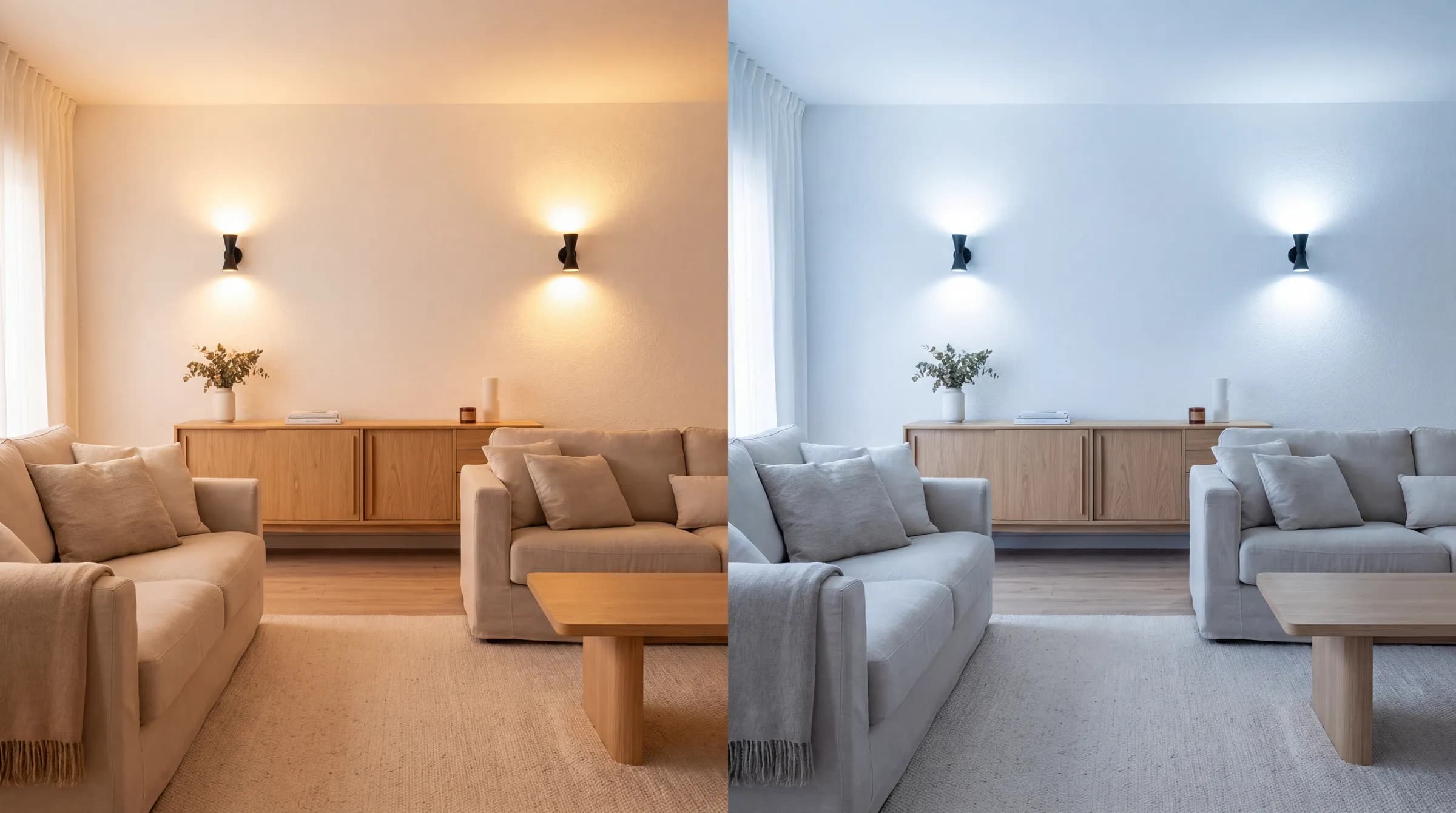 comparación de luz cálida y fría en la misma habitación