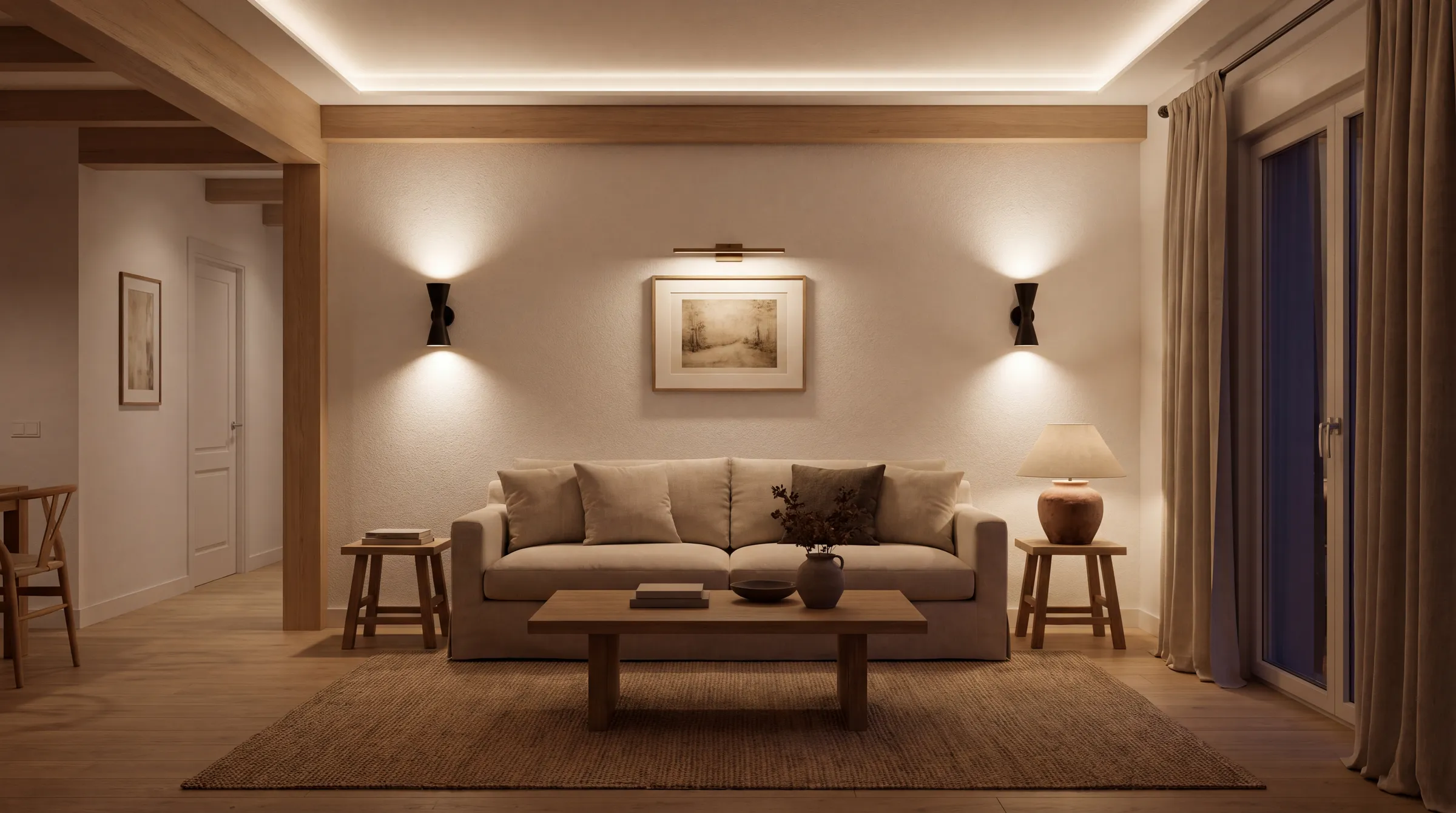salón iluminado por capas con apliques de pared