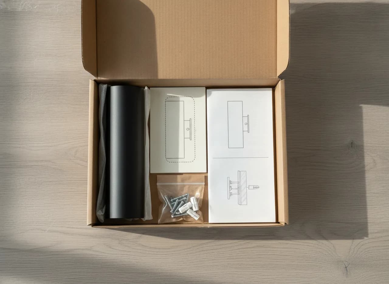 Caja de cartón kraft abierta sin marcas con un aplique de pared, plantilla, tornillos y guía de montaje